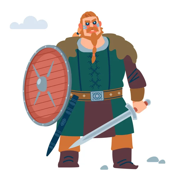 Viking met schild en zwaard. Vector platte illustratie. — Stockvector