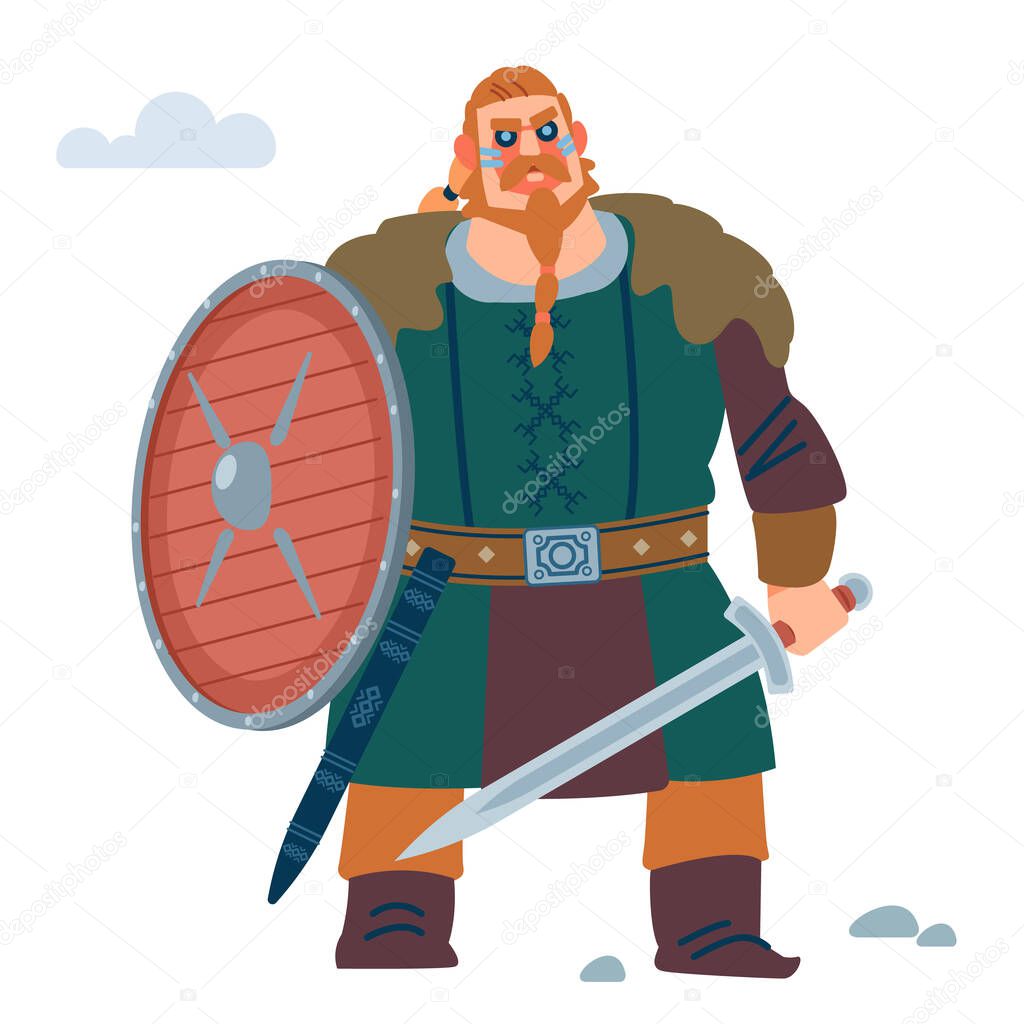 Viking with shield and sword. Vector flat illustration.
