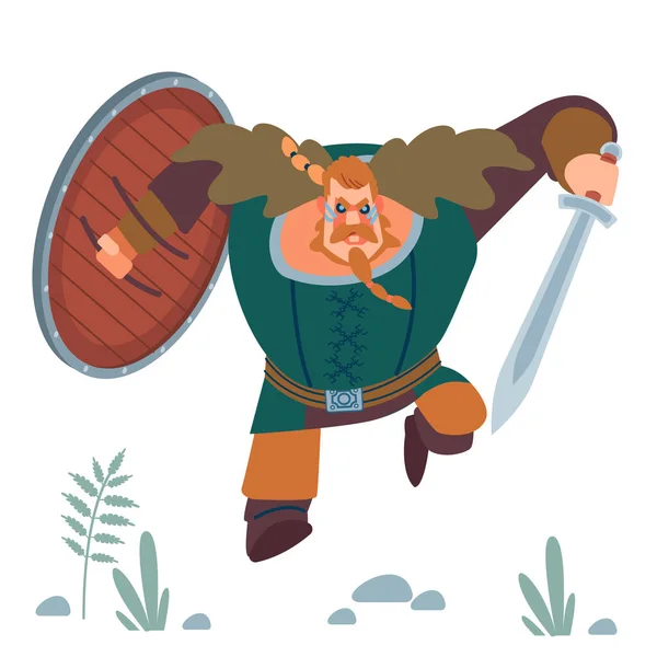 Vikingo. Gran guerrero naranja musculoso fuerte vikingo con espada y escudo ataca furiosamente. Concepto de diseño con carácter humano plano de con ilustración aislada vector de dibujos animados . — Vector de stock