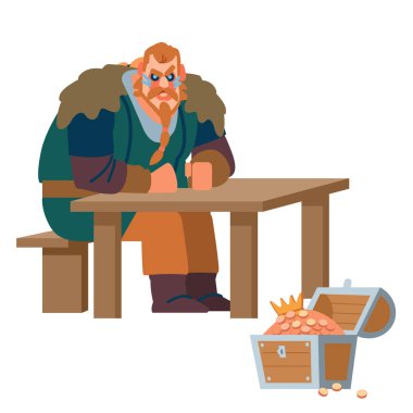 Güçlü bir kuzeyli savaşçı taht krallarının hazinesi üzerinde kafa yorar. Beyaz arka planda izole edilmiş. Vektör düz resimleme.