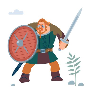 Viking Savaşçısı, Kuzeyli Yaşayan Ölülerden Savunma Saldırısı. Beyaz arka planda izole edilmiş. Vektör düz resimleme.