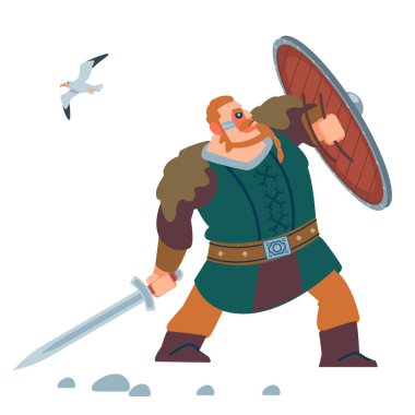 Viking Savaşçısı Savunma Saldırısı. Beyaz arka planda izole edilmiş. Vektör düz resimleme.