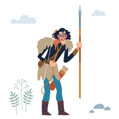 Viking. Mızraklı ve yaylı uzun boylu çılgın Viking. Düz insan karakterli tasarım konsepti. Çizgi film düz vektör çizimi