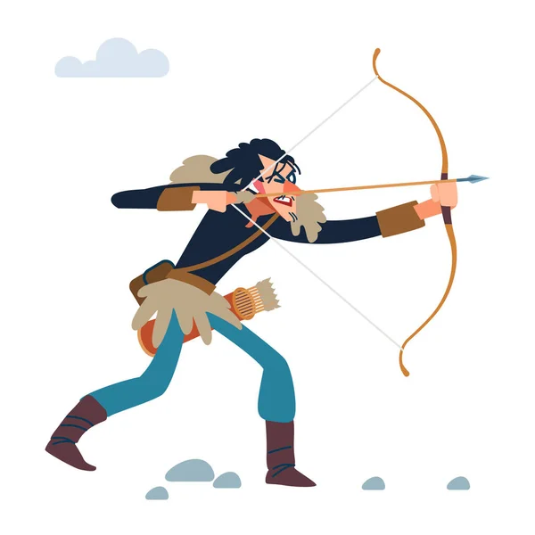 Il guerriero vichingo spara a un arco. Cartone animato vettoriale, illustrazione in stile piatto — Vettoriale Stock