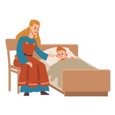 Anne oğluna yatmadan önce hikayeler anlatır. Viking ailesi. Beyaz arkaplanda izole edilmiş vektör. Düz biçim