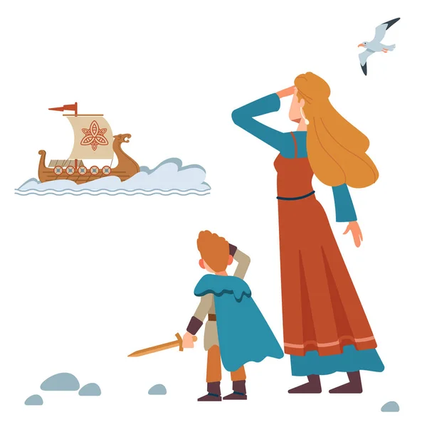 Familia vikinga medieval. Madre e hijo conocen y acompañan al padre guerrero. Vector Aislado sobre fondo blanco. Estilo plano — Vector de stock