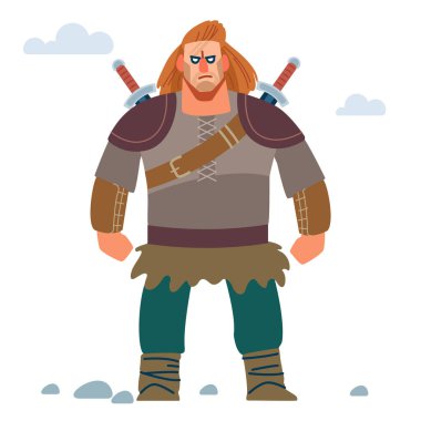 Savaşçı Kuzeyli. İki kılıçlı, Ortaçağ genç Vikingleri. Beyaz arka planda ejderha ile izole edilmiş vektör. Düz biçim