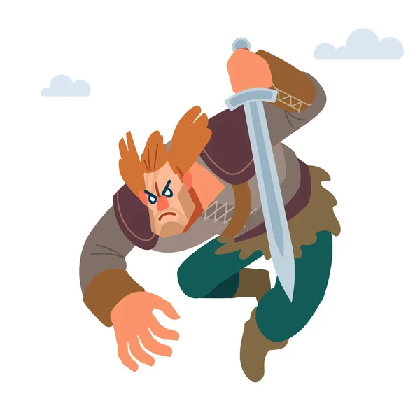 Vikingo. Guerrero del Norte. Joven vikingo medieval en armadura ataca con espada. Vector aislado sobre fondo blanco con dragón. Estilo plano — Vector de stock