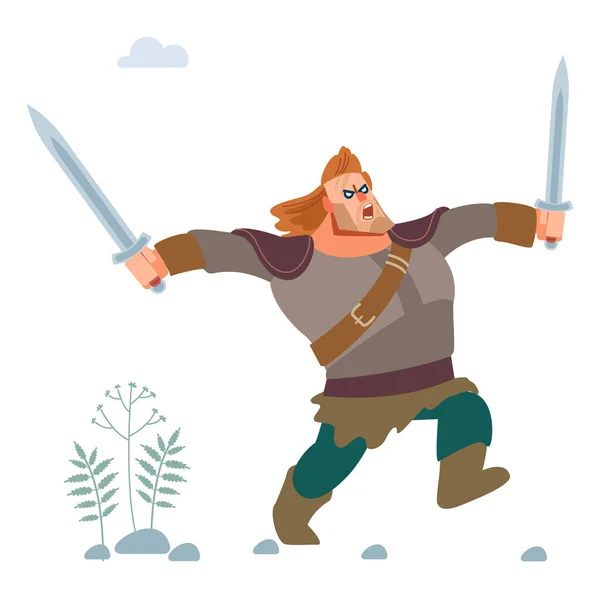 Vichingo. Guerriero del Nord. Il vichingo medievale in armatura attacca con due spade. Vettore isolato su sfondo bianco. Stile piatto. — Vettoriale Stock