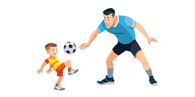 Oğlan ve babası parkta futbol oynuyorlar. Babalık kavramı. Neşeli baba küçük çocuğuyla oynuyor. Beyaz arka planda izole edilmiş sevimli çizgi film karakterleri. Renkli vektör illüstrasyonu.