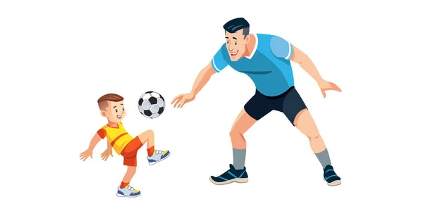 Мальчик и его отец играют в футбол на детской площадке. Понятие отцовства. Радостный отец играет со своим малышом. Симпатичные мультяшные персонажи изолированы на белом фоне. Красочная векторная иллюстрация. — стоковый вектор