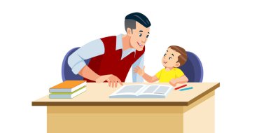 Baba oğlunun okulda ödev yapmasına yardım eder. Bunu nasıl doğru yapacağını öneriyor. Keyifleri yerinde. En iyi baba bebeğin çalışmasına yardım eder. Çizgi film tarzında izole vektör illüstrasyonu.