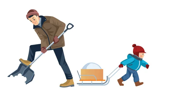 Far och son jobbar ihop. Pappa och pojken städar snö på gården. Friluftsaktivitet. Lycklig familj. Begreppet faderskap barnuppfostran. Tecknad platt isolerad vektor illustration — Stock vektor