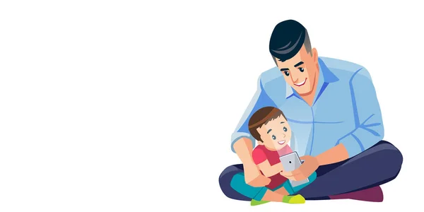 Πατέρας και γιος λαμβάνοντας selfie χαριτωμένο κινούμενα σχέδια απομονωμένη διανυσματική εικόνα σκηνή. Ο μπαμπάς και ο γιος περνάνε καλά μαζί, κουμπάρε. Ευτυχισμένη οικογένεια. Έννοια Πατρότητα ανατροφή των παιδιών — Διανυσματικό Αρχείο