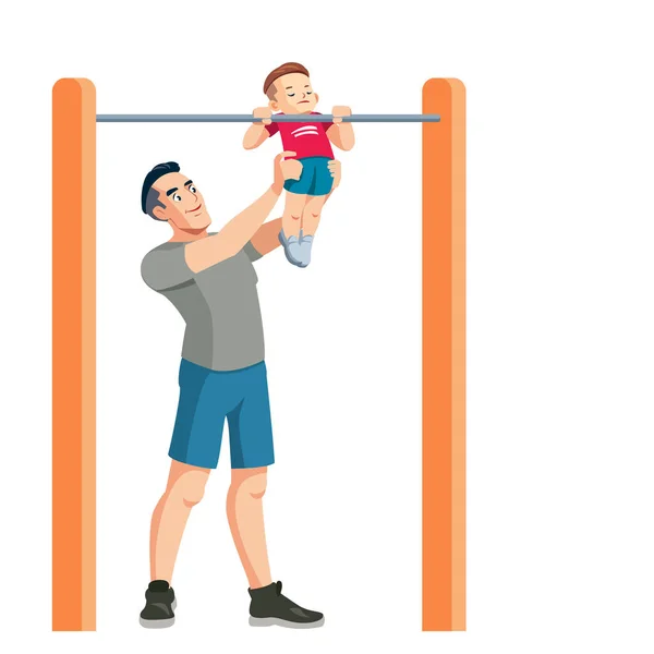 O pai ensina o seu filho ao desporto. Família desportiva. Actividade ao ar livre. Filho e pai de fato desportivo. Família feliz. Conceito Criação de filhos na paternidade. Desenhos animados projeto vetorial isolado plana — Vetor de Stock