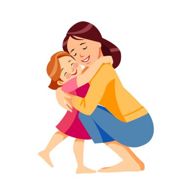 Anne ve çocuk. Anne kızını sevgiyle ve şefkatle kucaklıyor. Anneler günü, tatil konsepti. Çizgi film yassı izole vektör tasarımı