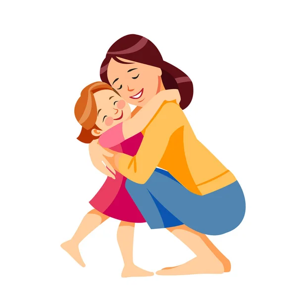 母親と子供。母は愛情と優しさで娘を抱きかかえている。母の日、休日の概念。漫画フラット絶縁ベクトルデザイン — ストックベクタ