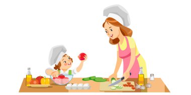 Anne ve kız evde sağlıklı yemek hazırlıyorlar. Anne olmayı çocuk yetiştirmeyi kabul et. Anneler Günü tatili konsepti. Çizgi film tarzında izole vektör illüstrasyonu.