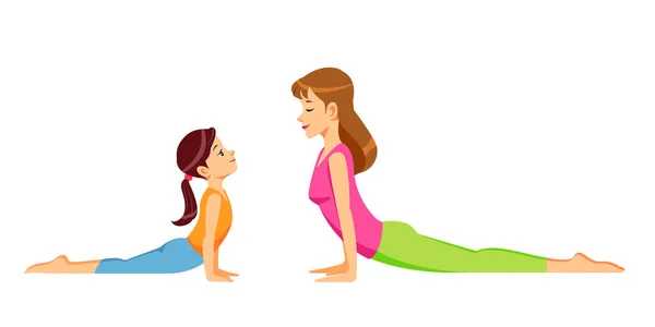 Madre e hija, mujer y niña haciendo ejercicios de yoga, ilustración vectorial aislada escena deportiva. Concepto de estilo de vida saludable. Día de las madres. Ilustración vectorial aislada en estilo de dibujos animados. — Vector de stock