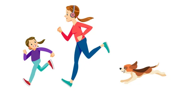 Happy Family Run, Kul sportaktivitet. Mamma, dotter och hund Fitness hälsosam livsstil. Begreppsmässig barnuppfostran. Mödrars semesterkoncept. Isolerad vektor illustration i tecknad stil. — Stock vektor