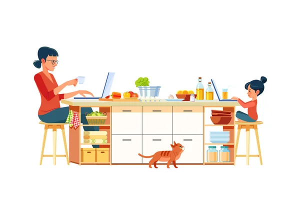 Educação infantil on-line, enquanto sua mãe está trabalhando em um computador na cozinha. Mãe de negócios com o filho num portátil em casa em quarentena pandémica. Desenhos animados ilustração vetorial isolado. — Vetor de Stock