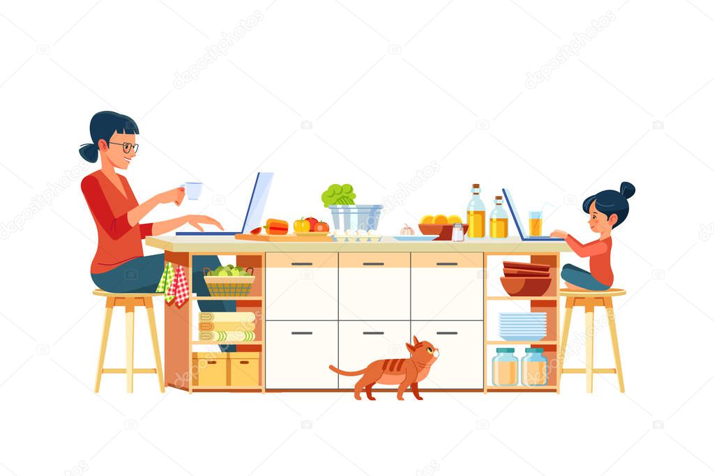 Child online education, while his mother is working on a computer on kitchen. Business mother with her kid with at a laptop at home in quarantine pandemic. Cartoon vector illustration isolated.