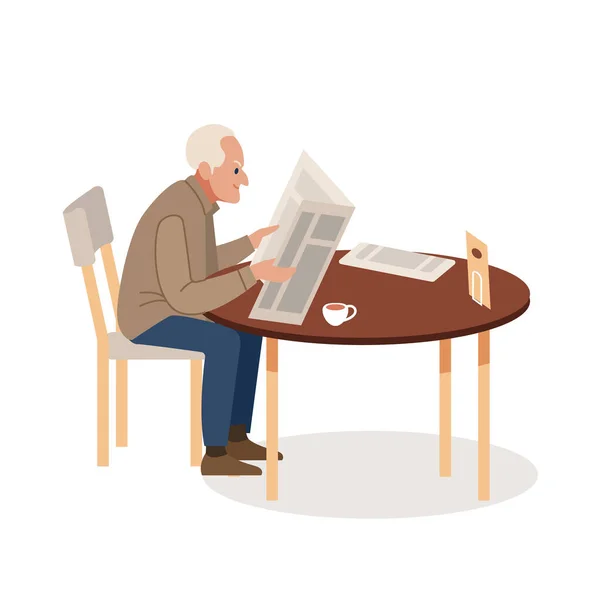Viejo con periódico y café. Senior Adult Reading Newspaper Leisure Concept (en inglés). Vector plano ilustración de dibujos animados. — Vector de stock