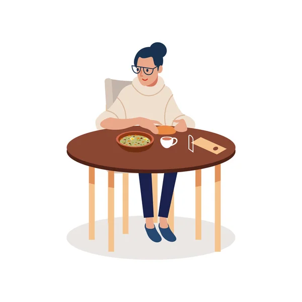 Joyeux jeune femme assise dans un café. Illustration vectorielle de dessin animé plat. — Image vectorielle