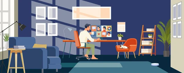 Thuis werken. Businessmen werknemer spreken praten op video gesprek met collega 's op online briefing, werknemer hebben Webcam groep conferentie met collega' s. Vlakke stijl Vector Illustratie — Stockvector