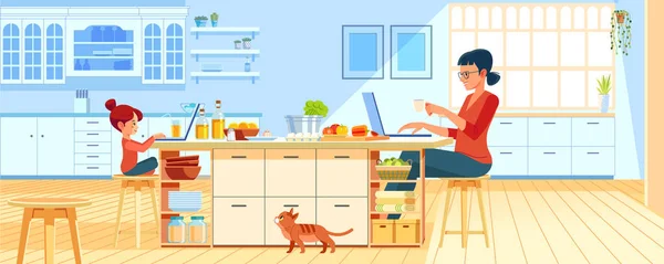 Mother with young daughter using laptop in the kitchen at home. Working mom works from home office. Woman and child using laptop. Freelancer workplace in cozy kitchen. Cartoon vector illustration — Stock Vector