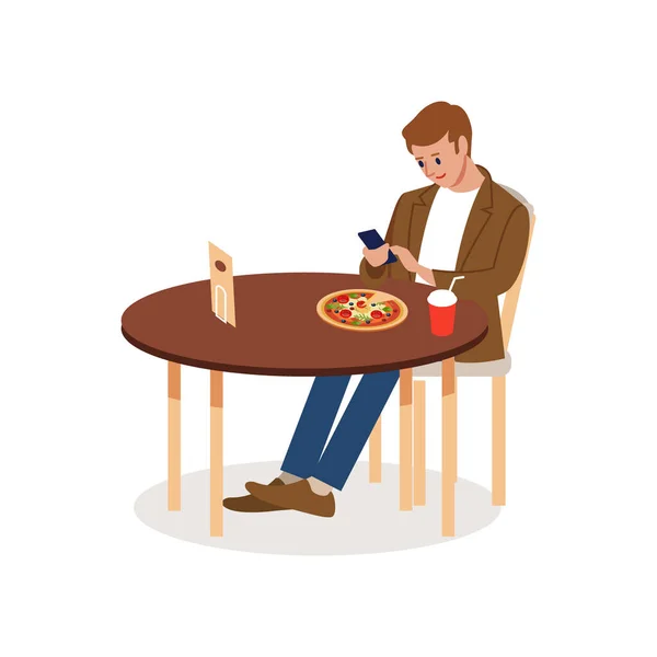 Un hombre visita una pizzería haciendo una orden. Foto de perfil completo de un hombre mirando un teléfono inteligente en una mesa aislada sobre un fondo blanco. Ilustración vectorial plana — Vector de stock