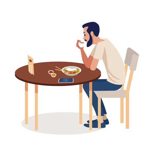 Photo de profil pleine longueur d'un homme barbu buvant du café à une table isolée sur fond blanc. Homme visitant Cafe Making Order. Homme d'affaires Choisissez Repas au restaurant. Illustration vectorielle plate — Image vectorielle