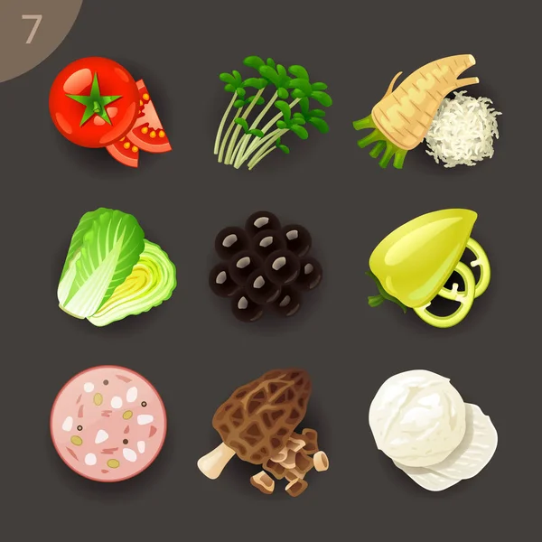 Conjunto Estilo Dibujos Animados Varios Ingredientes Alimentarios — Vector de stock