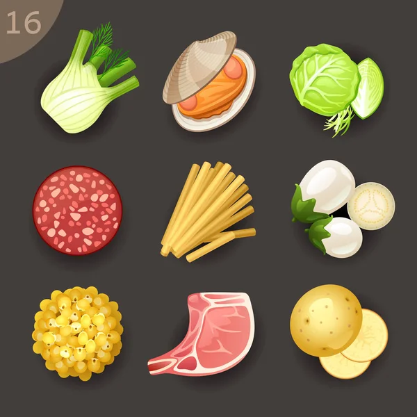 Conjunto Estilo Dibujos Animados Varios Ingredientes Alimentarios — Vector de stock