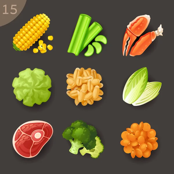 Conjunto Estilo Dibujos Animados Varios Ingredientes Alimentarios — Vector de stock