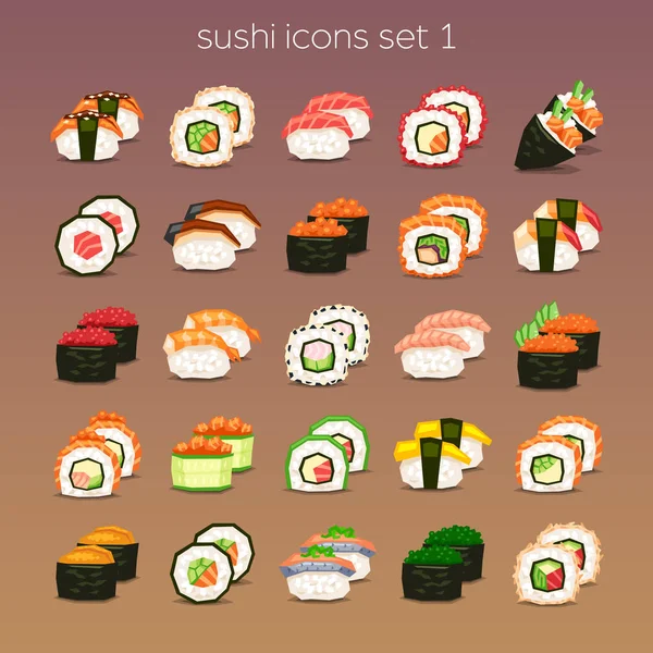 Zabawny Sushi Ikony Ustaw Brązowym Tle — Wektor stockowy