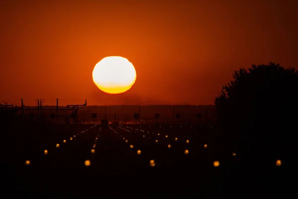 Освещённая Трасса Закате Солнцем Заднем Плане Красным Небом — стоковое фото