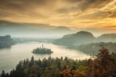 Slovenya şaşırtıcı Bled Gölü Sonbahar zaman w panoramik