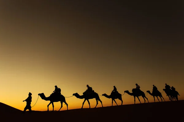 Peopple 夕暮れ背景の赤い空の砂漠を通って行くとラクダのキャラバンの Sillhouette — ストック写真