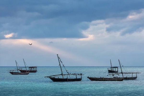 Fiskebåtar Havet Med Fåglar Och Molnen Bakgrunden Zanzibar Tanzania — Stockfoto