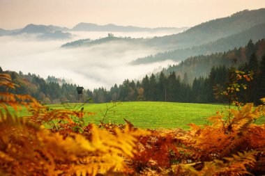 Sis ve dağ sonbahar sezonu arka planda St. Tomaz kiliseden Slovenya ile güzel manzara