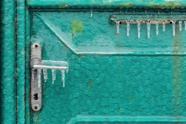 Old Frozen Green Door Winter Time — Stock Photo, Image