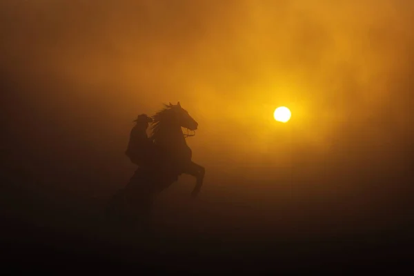 Cowboy Zetten Zijn Paard Verblijven Twee Pootjes Bij Zonsondergang Met — Stockfoto