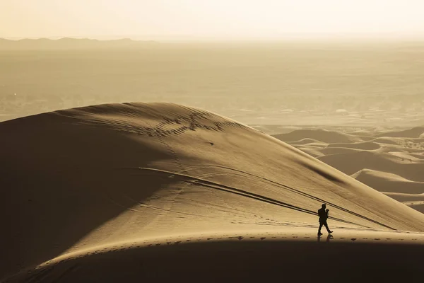 Gün Doğumunda Güzel Çizgiler Renklerle Çöl Sahra Kumullarında Yürüyen Adam — Stok fotoğraf