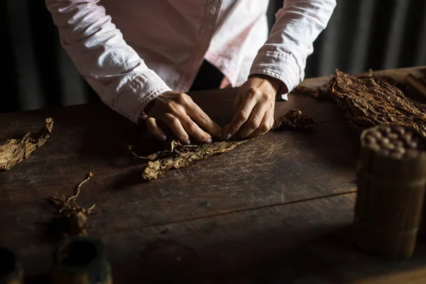 Руки Женщины Закатывающей Кубинскую Сигару Красивой Обстановке Виналес — стоковое фото