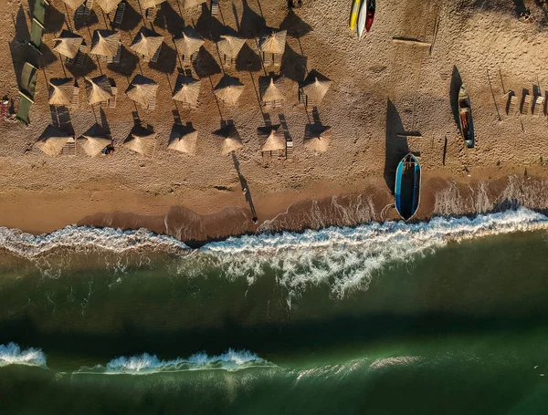 Aerial View Amazing Beach Umbrellas Turquoise Sea Sunrise Black Sea Royalty Free Stock Images