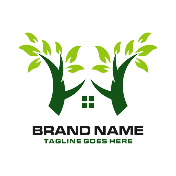 Home logo con alberi — Vettoriale Stock