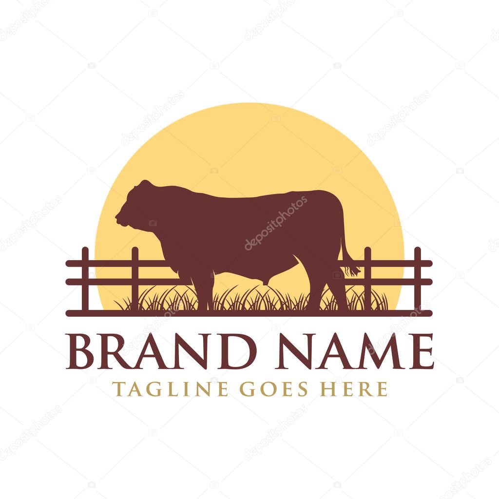 Logo design angus cow on grass and sun