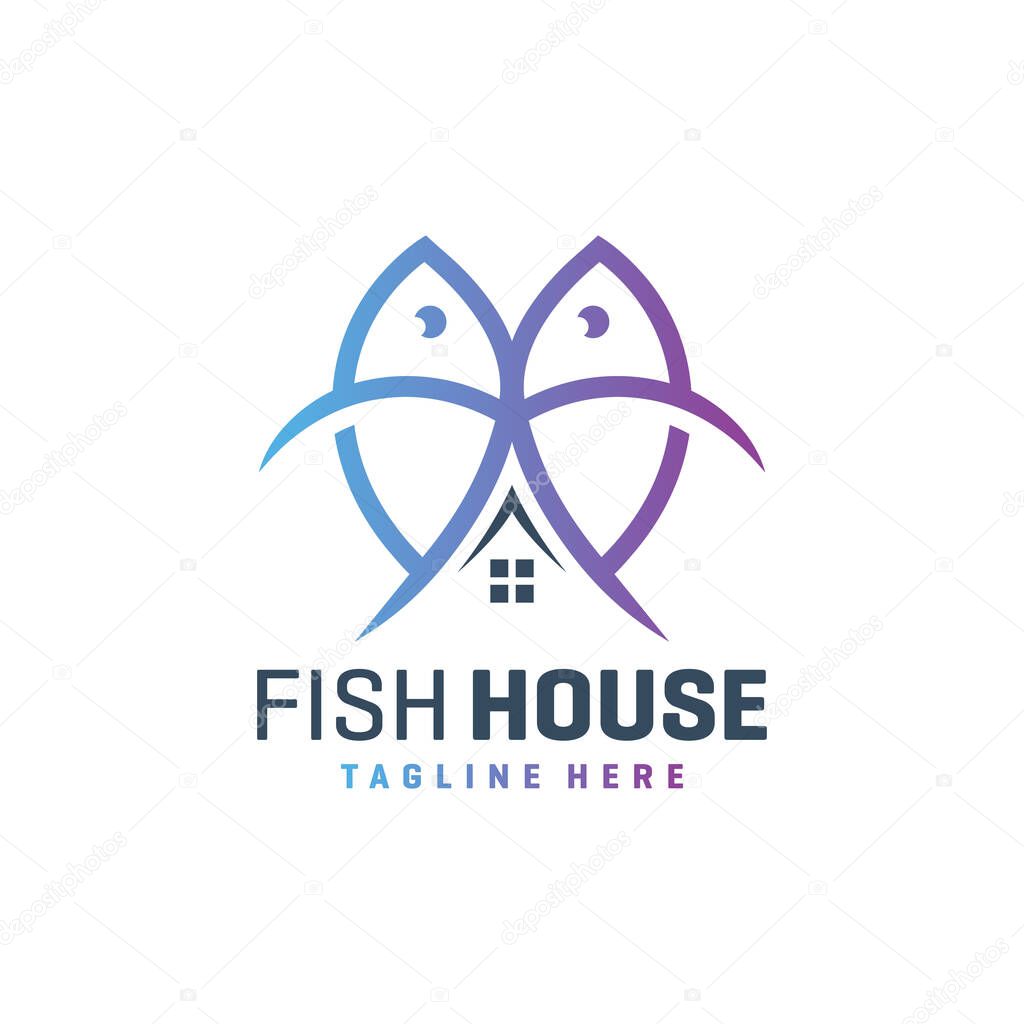 outline fish and house logo design
