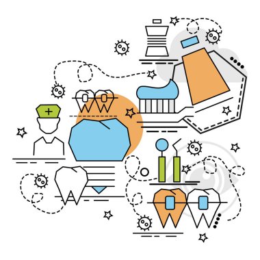 Düz renkli tasarım konsepti için Stomatology. Infographic yaratıcı ürünler yapma fikri. Şablon Web sitesi afiş, el ilanı ve poster.